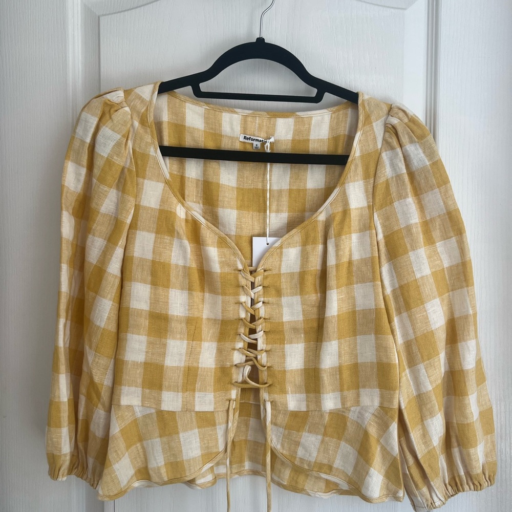 Reformation - Yellow Plaid Linen Top